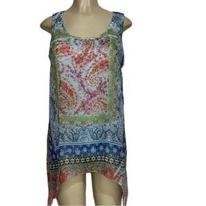 One World Blouse Women's Large Colorful Sleeveless Embroidery Crochet Lace Top